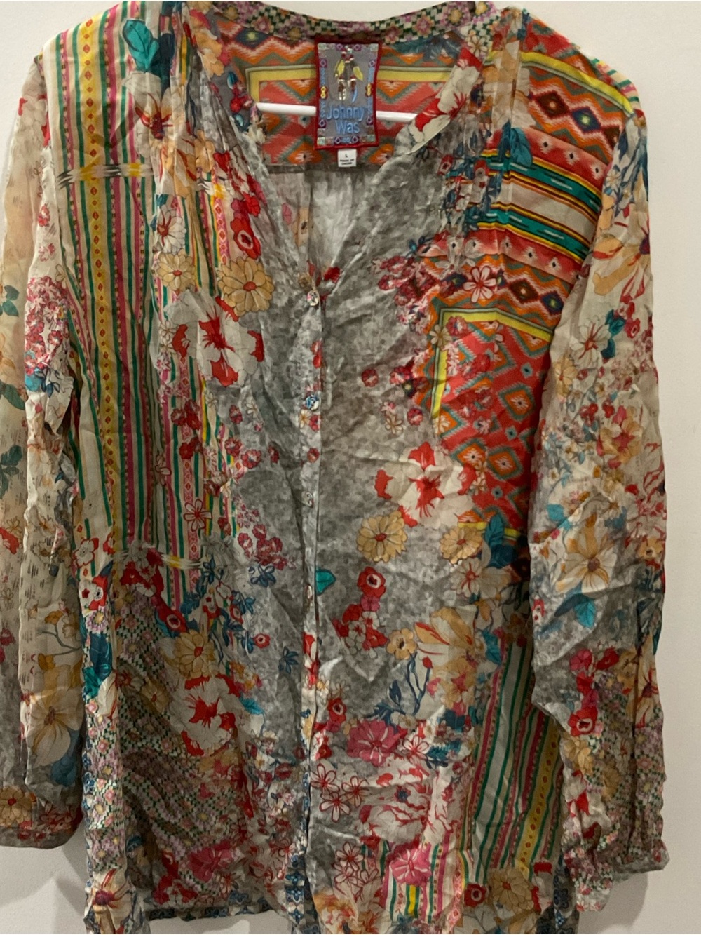 Johnny Was Multicolor Patchwork Tunic in Gray, Red, Yellow & Teal